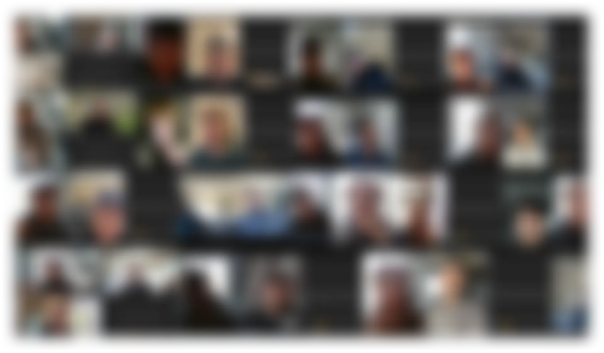 A video call grid of attendees, deliberately blurred